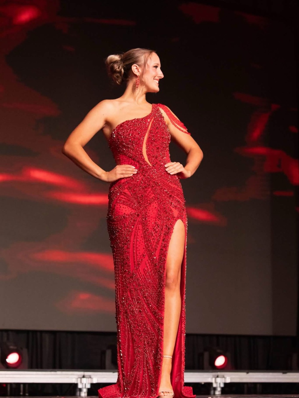 Portia and Scarlett Couture Red One-Shoulder Hand Beaded Gown with Thigh Slit